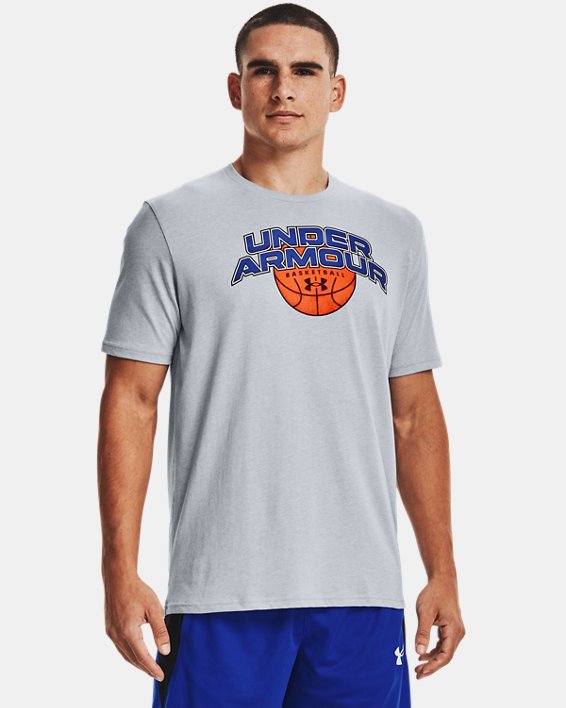 Men's UA Basketball Branded Wordmark Short Sleeve, Gray, pdpMainDesktop image number 0